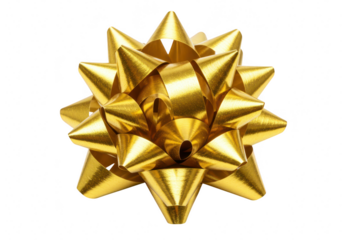 A shiny gold metallic gift bow with pointed petals sits isolated on a transparent background