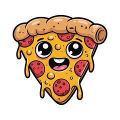 Adorable smiling pizza slice cartoon character with pepperoni and melted cheese illustration