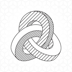 Triple Mobius Loop Technical Draw Style Impossible Geometric Figure - Black Isometric Object on Repeating Cube Pattern Wallpaper Background - Outline Graphic Design