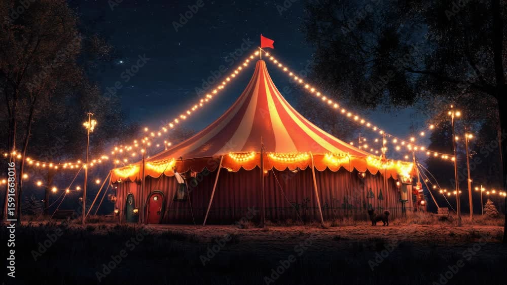 Poster lights illuminating a circus tent at night, creating a warm and inviting atmosphere for an event or 