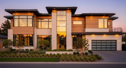 Obraz premium Modern luxury residence with warm wood and stone accents at dusk