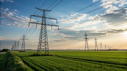 Power lines stretching across a green field under a dramatic sky at sunset, showcasing nature's beauty