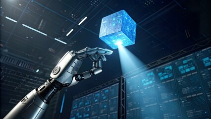 Robotic hand reaching for a glowing cube in a high-tech laboratory filled with data screens