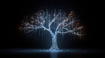 A conceptual tree design with binary code flowing through its branches