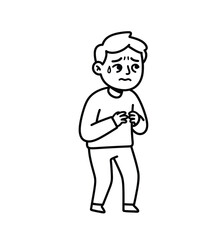 Obraz premium Anxiety drawing. It is a black and white outline image of a person showing signs of anxiety, with a worried expression and sweat. Vector sketch line art draw.