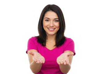 A cheerful young woman with a bright smile, extending her open hands forward in a welcoming gesture isolated on transparent background