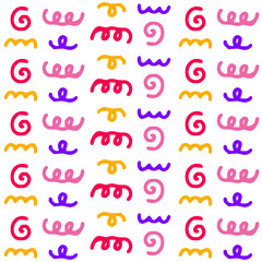 Colorful or funny line doodle seamless pattern on white background.Simple repeat ornament.Surface for textile.Decoration for fabric or cloth.Minimalist style.Cute wrapping paper.Vector illustration.