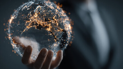 Digital Globe in Hand: Conceptual Image of Global Connectivity, Technology, and Future of the World, Featuring Europe and Asia