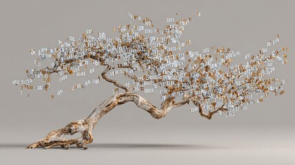 A conceptual tree design with binary code flowing through its branches