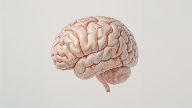 Floating anatomical brain model showing cerebrum, cerebellum and brainstem in studio environment