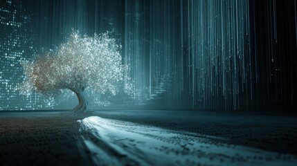 Bright glowing tree on a background filled with holographic data streams