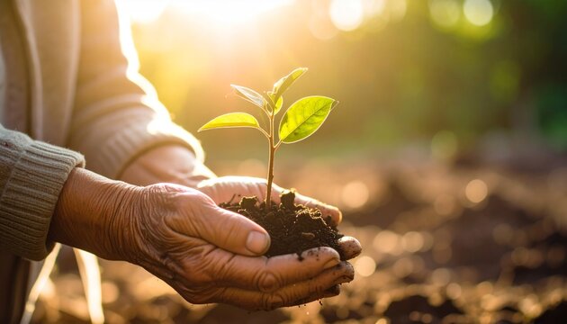 Hands gently hold a small plant seedling with soil, backlit by sunlight.