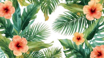 Tropical watercolor wallpaper featuring peach hibiscus flowers and lush leaves, perfect for tropical-themed designs, backgrounds, and botanical illustrations.