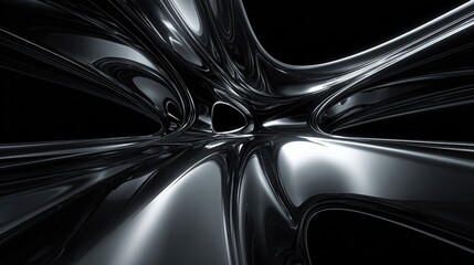 Curving, reflective metal shapes stretch into a void, creating an abstract perspective