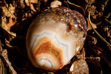 Shiny processed agate lying on natural background under sunlight, central Russia
