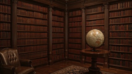 Highlighting large vintage globe spinning on wooden pedestal table in private study, copy space