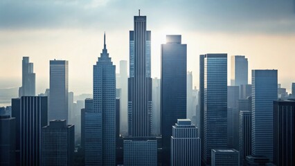 Naklejka premium City skyline with modern skyscrapers under a cloudy sky, showcasing an urban landscape that highlights architectural diversity.