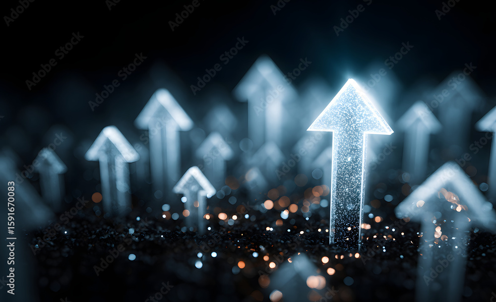 Poster blue background with a series of arrows pointing upwards. the arrows are spaced out and appear to be