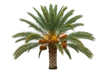 A mature date palm tree laden with clusters of ripe orange fruit displays its characteristic green fronds against a plain transparent background