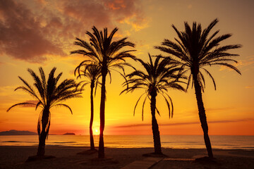 Seascape in early morning during a beautiful golden sunrise. Palm trees on the beach. San Juan...