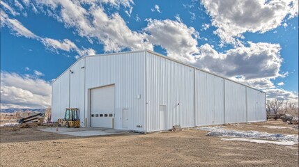 Obraz premium Industrial warehouse structure with corrugated metal walls and large service doors under blue sky