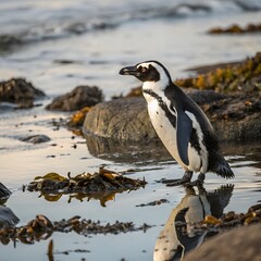 Fototapeta premium Adelie Penguin, pygoscelis adeliae, Group Leaping into Ocean, Paulet Island in Antarctica