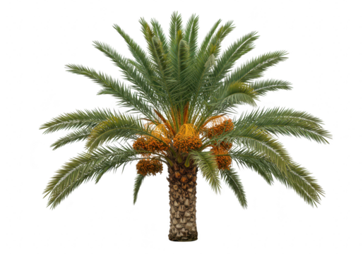 A mature date palm tree laden with clusters of ripe orange fruit displays its characteristic green fronds against a plain transparent background