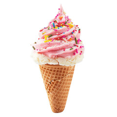 Pink ice cream cone topped with colorful sprinkles
