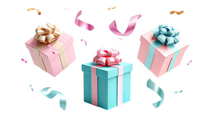 Des cadeaux de couleurs avec des confetti sur fond transparent