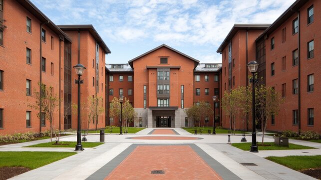 Student dormitory building with bright brick facade and symmetrical window layout