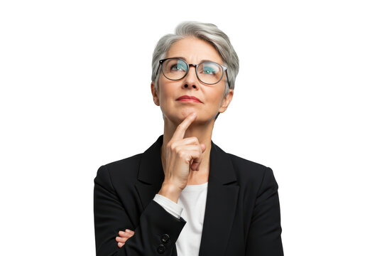 A pensive businesswoman with glasses and gray hair looks up thoughtfully, arms crossed, isolated on transparent background