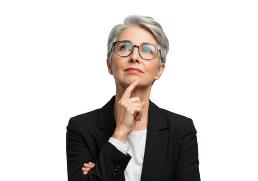 A pensive businesswoman with glasses and gray hair looks up thoughtfully, arms crossed, isolated on transparent background - Powered by Adobe
