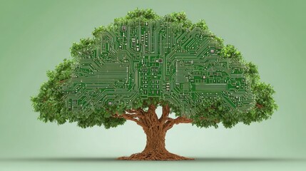 Tree made of circuit board elements on a clean gradient tech background