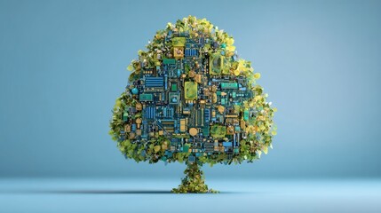 Tree made of circuit board elements on a clean gradient tech background