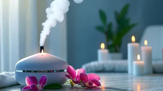 A white aromatherapy diffuser with steam rising, surrounded by candles and pink orchids on a light-colored surface