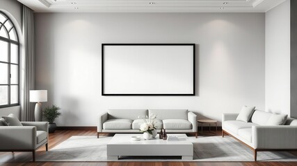 Modern living room with empty black frame wall art mockup, decorations, spacious, home decor