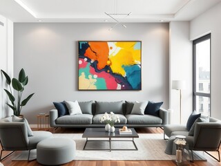Modern living room with a sleek wall art mockup featuring a vibrant abstract print, adding a pop of color and personality to the space, sleek, abstract, wall art