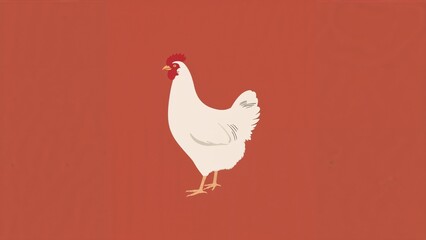 Depicting white hen standing against orange-red backdrop, featuring bright red comb and wattle