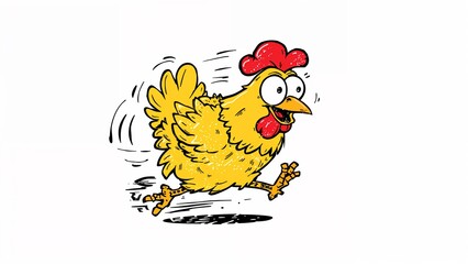 Running cartoon yellow chicken flapping red comb and wings on white backdrop, motion lines