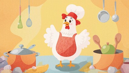 Obraz premium Cartoon chicken wearing chef hat stirring orange pot in cartoon kitchen, with scattered eggshells