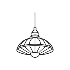 Black outline drawing of a vintage industrial pendant light isolated on white background