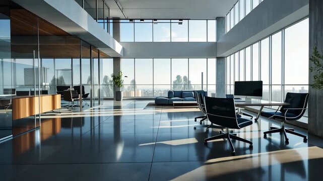  Architectural office with sleek modern design, open spaces, large windows, minimalist furniture, bright natural light, in the style of contemporary architecture photography