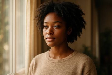 Young black woman contemplating near window, feeling hopeful and serene