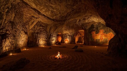 Burning wood campfire illuminating underground cave chamber, with red ochre wall paintings
