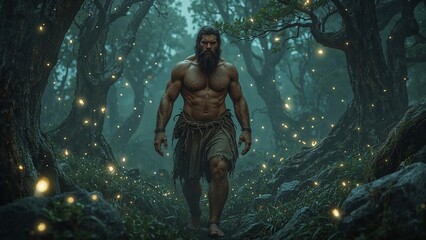 Fototapeta premium Walking bearded man wearing ragged skirt, wristbands in misty forest, with glowing orbs mossy roots