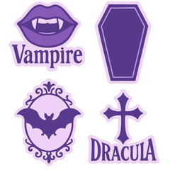 Gothic purple vampire lips, coffin, and cross vector set.