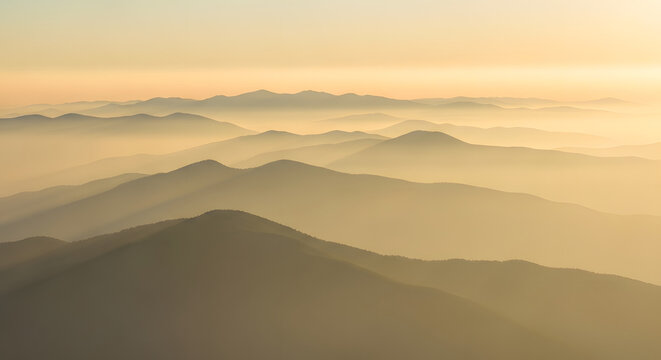 Misty Mountain Range at Sunrise with Golden Hues in the Sky	