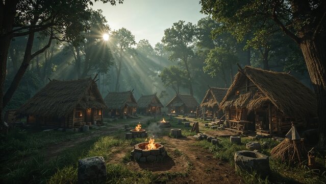 Showing thatched-roof huts around three burning fire pits in forest clearing at dawn, with lanterns - Powered by Adobe