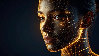 Close-up of a woman's face with glowing golden network design