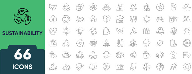 Sustainability Line Icon Set. Set of 66 outline icons including eco energy, recycling, green living, climate action, nature, resources, and environment. Editable stroke. Linear vector illustration.